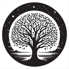 Vector illustration of a black tree silhouette with detailed branches and roots, perfect for a nature-themed design