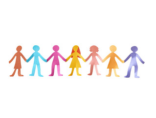 Row of colorful paper cutout people holding hands.  Simple, childlike figures in various pastel shades form a continuous line