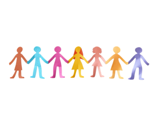 Row of colorful paper cutout people holding hands.  Simple, childlike figures in various pastel shades form a continuous line