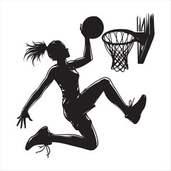 Silhouette of a female basketball player in mid-air about to score. Dynamic vector illustration of a woman athlete jumping for a slam dunk