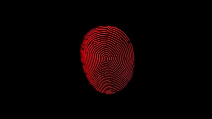 a striking bright red fingerprint glowing intensely on a solid black background, showing unique ridges