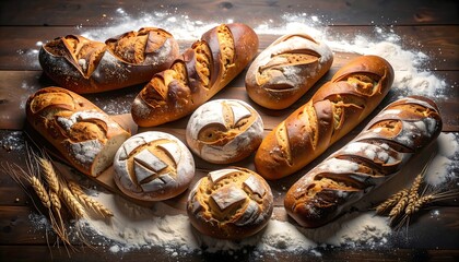 Freshly baked loaves of artisanal bread, displayed on a dark wooden surface dusted with flour, featuring intricate designs and various shapes, exuding a warm and inviting atmosphere.