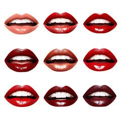 Obraz premium Set of beautiful female lips with colorful makeup on a transparent background. Design concept, kiss, and sweet lips. isolated on transparent background (PNG)