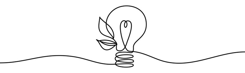 Light bulb with leaves. Symbol of eco energy, green technology, sustainability and environmental innovation, vector illustration in continuous line style
