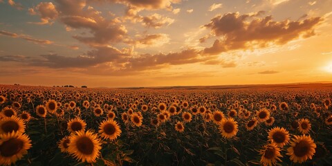 Bright summer sunset casting golden light over vast sunflower field, warm orange sky