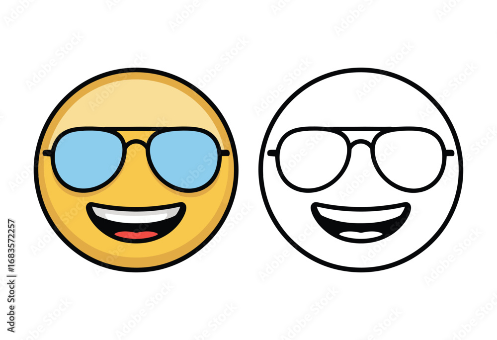Aufkleber cool emoji with sunglasses vector art illustration featuring a smiling face with blue lenses and out