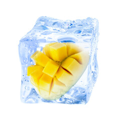 Cut juicy mango in ice cube isolated on white