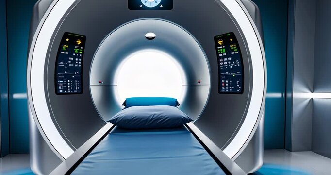 Starting scan on control panels, CT scanner advancing table and pillow for imaging in CT suite