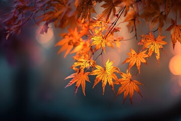Vibrant autumn leaves glowing in warm light during a tranquil evening in a serene park