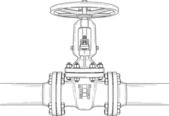 Industrial valve with handwheel and flanged pipe connections, technical line art illustration, mechanical equipment for fluid control, plumbing and engineering design.