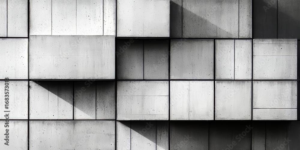 Poster wall made of gray blocks with a shadow on it. the wall is made of concrete blocks and has a rough te