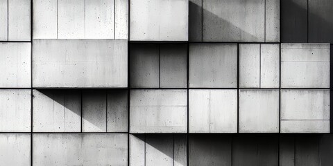 Wall made of gray blocks with a shadow on it. The wall is made of concrete blocks and has a rough texture. The shadow on the wall is dark and adds depth to the image