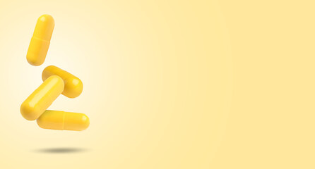 Pills falling against yellow gradient background. Banner design with space for text