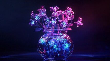 beautiful futuristic floral arrangement, luminous transparent flowers in a clear vase with vibrant light