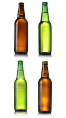 Different types of fresh beer in glass bottles isolated on white, set
