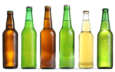 Different types of fresh beer in glass bottles isolated on white, set