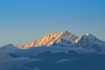Beautiful last light from sunset on Mount Kanchenjugha, Himalayan mountain range, Sikkim, India....
