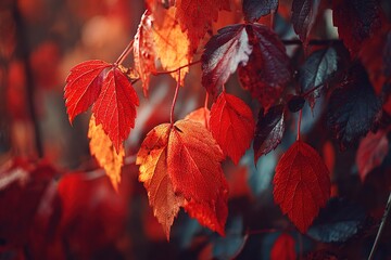 Vibrant autumn leaves display enchanting shades of red in a forest during the golden hour