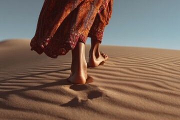 Barefoot woman walking through sand dunes in a flowing orange and brown dress