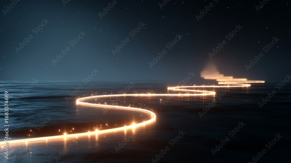 Poster abstract visualized customer journey in glowing pathway across dark background with stars
