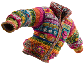 Vibrant, patchwork crocheted jacket.  Colorful floral patterns, striped panels, and intricate details create a unique garment