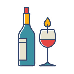 Vector art of a bottle of wine and a glass with a candle, perfect for a romantic evening or a special occasion