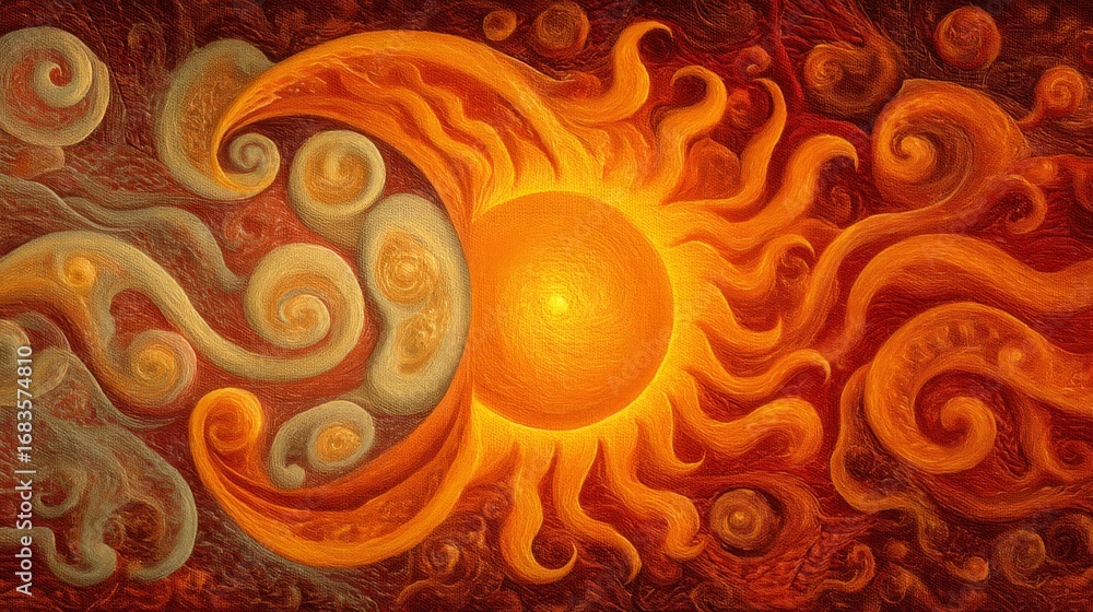 Poster abstract fusion of glowing sun and wind symbols in dynamic swirls and patterns representing nature's