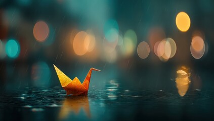 Origami crane on a rainy street