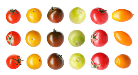 Different types of ripe tomatoes isolated on white, collage
