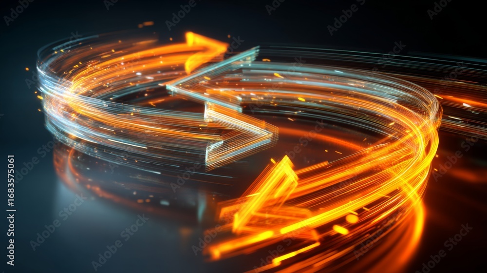 Poster abstract glowing arrows made of light in dynamic motion with bright beams and colorful swirls