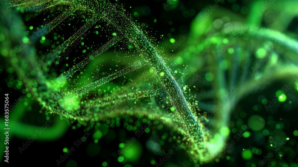 Poster abstract glowing green dna helix with sparkling particles in a dark background for science and biolo