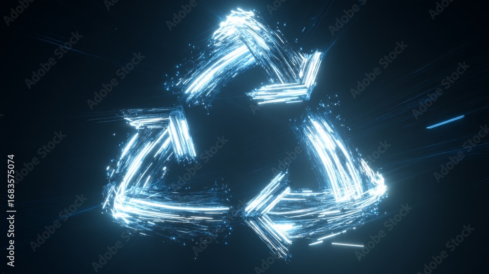 Poster abstract glowing recycle symbol made of light beams with dynamic effects and modern design
