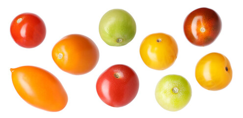 Different types of ripe tomatoes isolated on white, collage