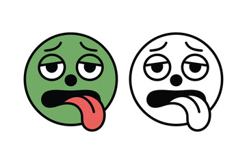 Sick Emoji Vector Art Illustration: Cartoon Face with Nauseous Expression, Green Emoticon with Outline on Transparent Background for Digital Design