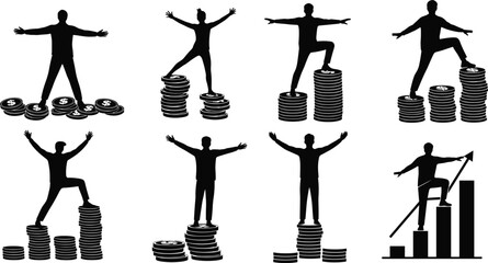 Silhouettes of people standing on coin stacks and charts, symbolizing financial success, investment growth, career achievement, and economic progress.
