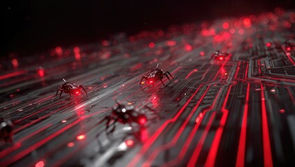 Cybernetic insects swarm a circuit board.  Red glow illuminates robotic crawlers on a complex circuit layout against a dark background
