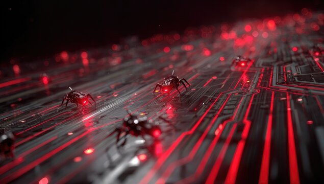 Cybernetic insects swarm a circuit board.  Red glow illuminates robotic crawlers on a complex circuit layout against a dark background