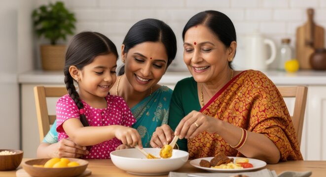 Three generations of women share a meal, laughing and enjoying family time in bright kitchen scene