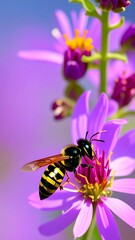 A vibrant wasp, with a striped yellow and black pattern, rests delicately on a vibrant purple flower, showcasing a close-up view of the insect's intricate features.