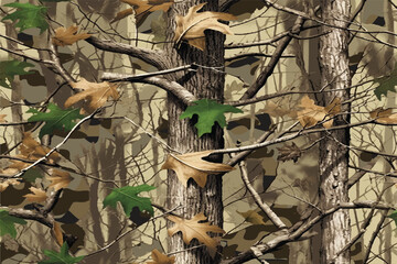 Realistic forest camouflage. Seamless pattern. Vector camouflage pattern. Deer hunting background. Conifer tree, branches and leaves. Useable for hunting and military purposes