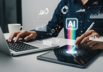 Person using laptop and tablet with ai interface