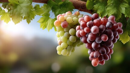 Rows of green grapevines bear clusters of ripe dark grapes, reflecting the warm light of the evening sky in a tranquil vineyard setting