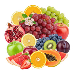 Vibrant assortment of fresh whole fruits and slices arranged artfully transparent background