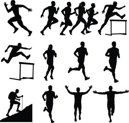 Silhouettes of runners, joggers, hurdlers, and athletes in motion — vector icons for fitness, competition, and outdoor exercise