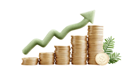 Stacks of coins with a rising green arrow, symbolizing financial growth