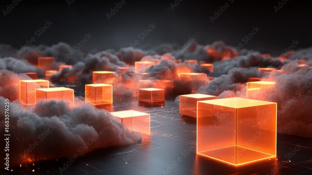 Poster glowing cubes floating above digital clouds in a futuristic computing environment
