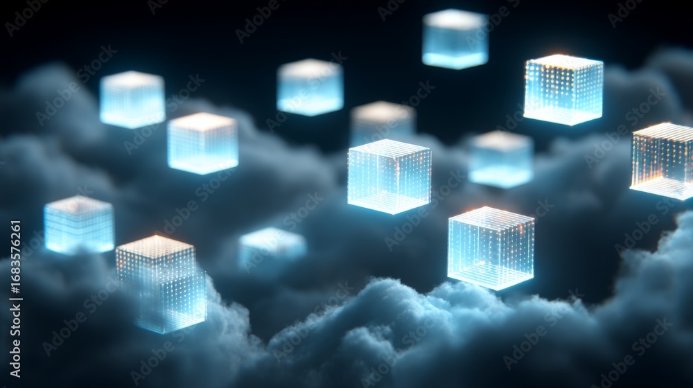 Poster glowing floating cubes in cloud with digital patterns representing cloud computing concept
