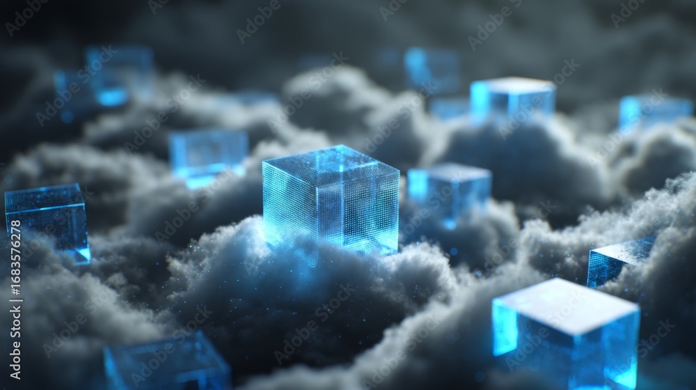 Poster glowing floating cubes in a cloudy atmosphere representing cloud computing concept
