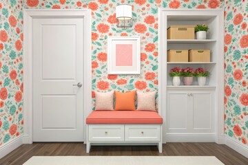 White entryway bench with coral cushion and floral wallpaper