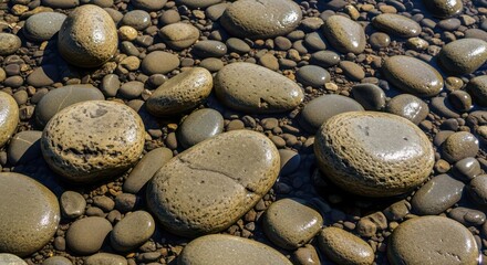 A captivating view of a collection of stones in a riverbed, capturing a moment of serenity in a close-up shot.